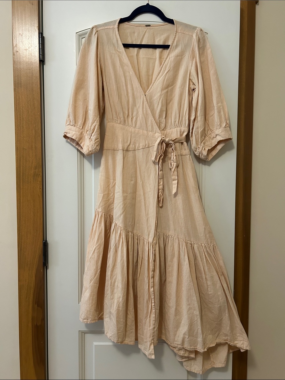Free People Cream Wrap-Style Midi Dress with Tie Waist